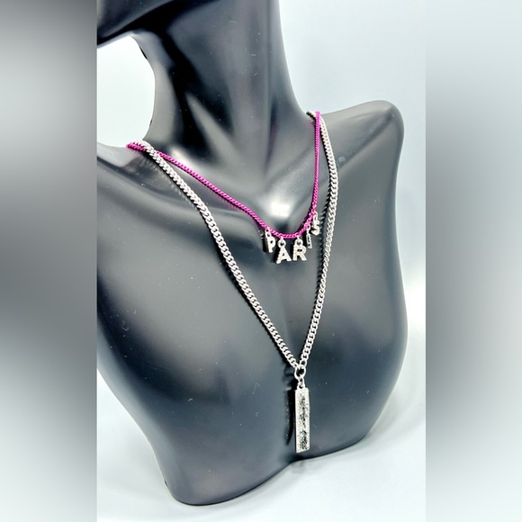 Karl Lagerfeld Paris Two Tone Pave Pink Paris Layered Signature Pendant Necklace - Picture 4 of 6